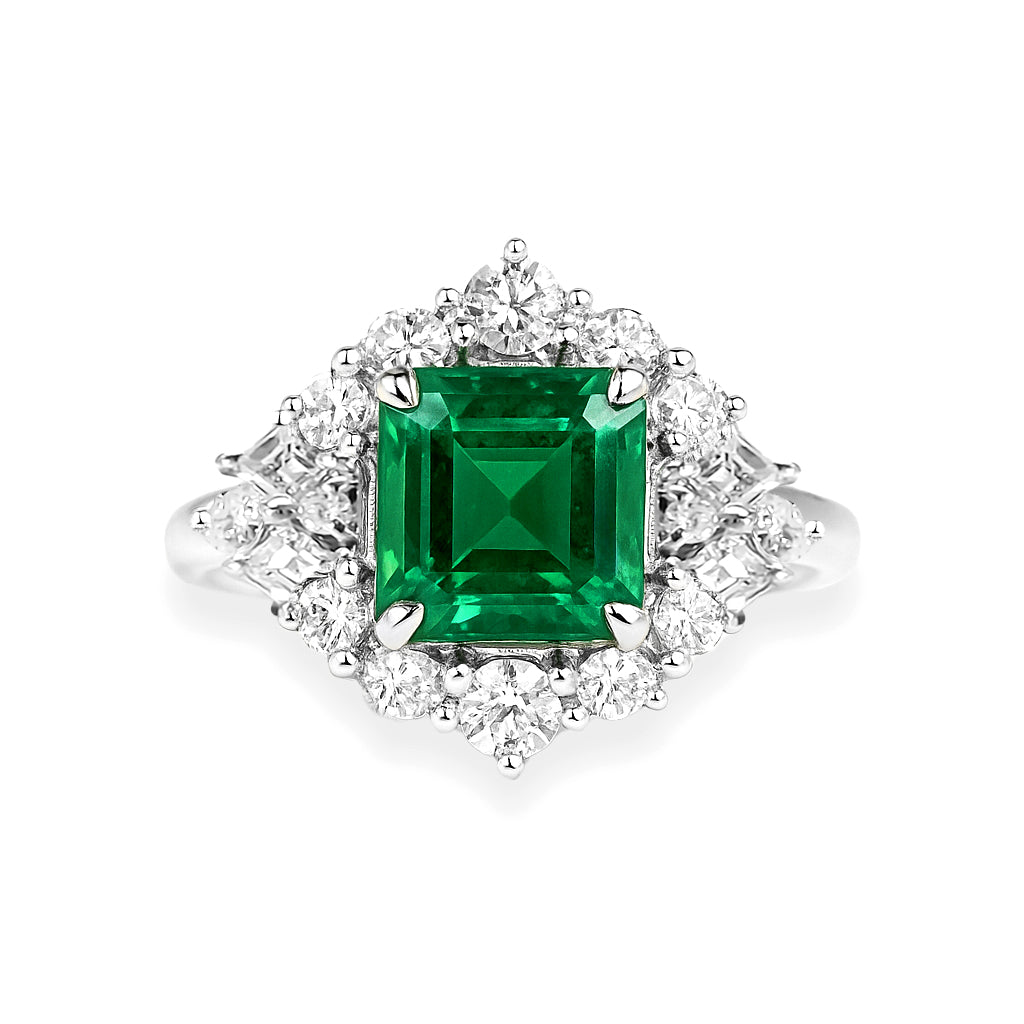 Platinum Emerald & Diamond Halo Ring