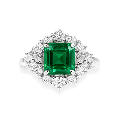 Platinum Emerald & Diamond Halo Ring