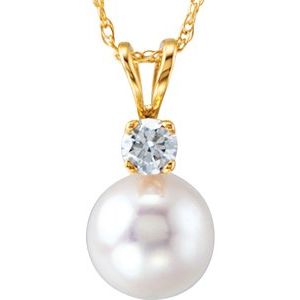 14K Yellow Cultured White Akoya Pearl & 1/10 CTW Natural Diamond 18" Necklace