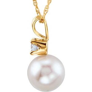 14K Yellow Cultured White Akoya Pearl & 1/10 CTW Natural Diamond 18" Necklace