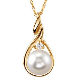 14K Yellow Cultured White Akoya Pearl & .03 CTW Natural Diamond 18" Necklace