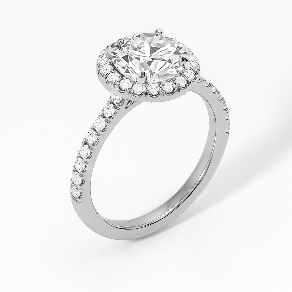 The Juliana Ring – Diamond Halo Solitaire with Pavé Shoulders
