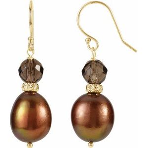 14K Yellow Cultured Chocolate Freshwater Pearl & Natural Smoky Quartz Earrings