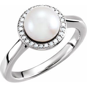 14K White Cultured White Freshwater Pearl & .06 CTW Natural Diamond Halo-Style Ring
