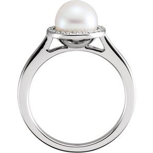 14K White Cultured White Freshwater Pearl & .06 CTW Natural Diamond Halo-Style Ring