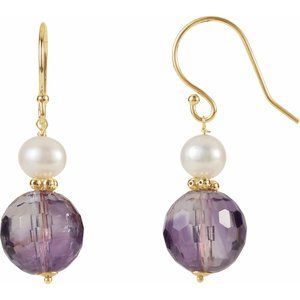 14K Yellow Natural Amethyst & Cultured White Freshwater Pearl Earrings