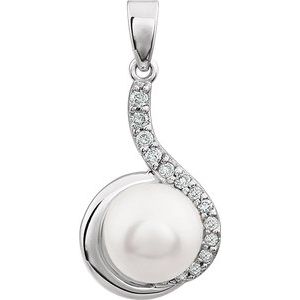 14K White Cultured White Freshwater Pearl & 1/8 CTW Natural Diamond Pendant