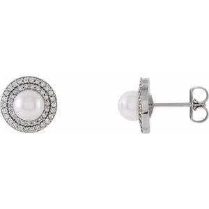 14K White Cultured White Freshwater Pearl  & 1/5 CTW Natural Diamond Earrings