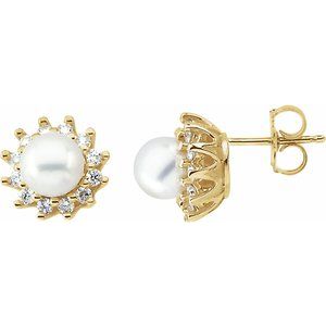 14K Yellow Cultured White Akoya Pearl  & 1/3 CTW Natural Diamond Earrings