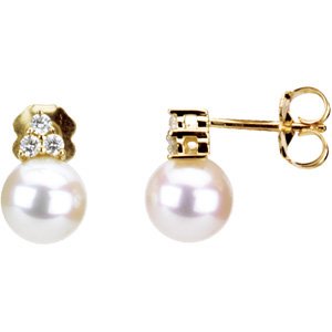 14K Yellow Cultured White Freshwater Pearl & 1/10 CTW Natural Diamond Earrings