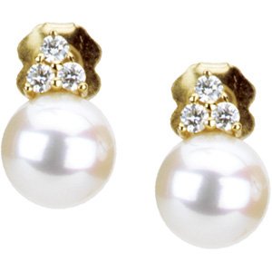 14K Yellow Cultured White Freshwater Pearl & 1/10 CTW Natural Diamond Earrings