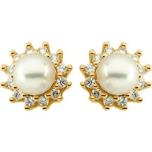 14K Yellow Cultured White Akoya Pearl  & 1/3 CTW Natural Diamond Earrings