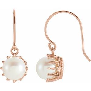 14K Rose Cultured White Freshwater Pearl Crown Earrings