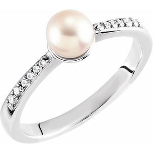 14K White Cultured White Freshwater Pearl & .06 CTW Natural Diamond Ring