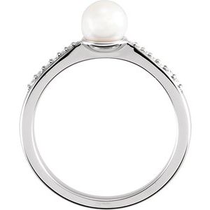 14K White Cultured White Freshwater Pearl & .06 CTW Natural Diamond Ring