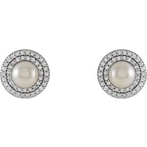 14K White Cultured White Freshwater Pearl  & 1/5 CTW Natural Diamond Earrings