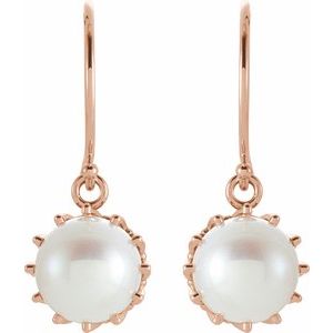 14K Rose Cultured White Freshwater Pearl Crown Earrings