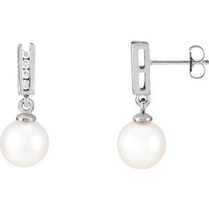 14K White Cultured White Akoya Pearl & 1/8 CTW Diamond Earrings