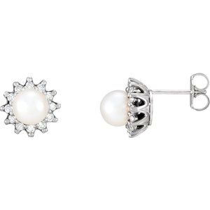 14K White Cultured White Akoya Pearl  & 1/3 CTW Natural Diamond Earrings