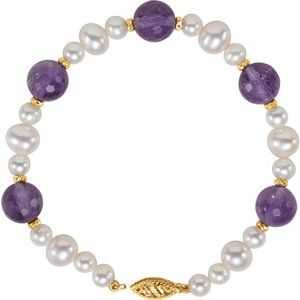 14K Yellow Natural Amethyst & Cultured White Freshwater Pearl 7 1/2" Bracelet