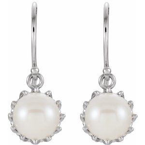 14K White Cultured White Freshwater Pearl Crown Earrings