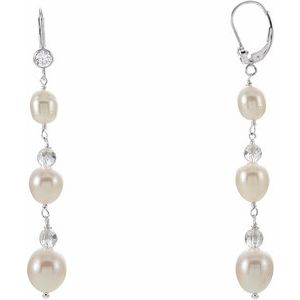 Sterling Silver Cultured White Freshwater Pearl & Crystal Earrings