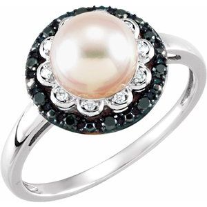 14K White Cultured White Freshwater Pearl & 1/6 CTW Natural Black & White Diamond Ring