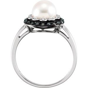 14K White Cultured White Freshwater Pearl & 1/6 CTW Natural Black & White Diamond Ring