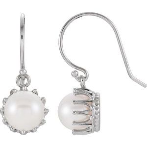 14K White Cultured White Freshwater Pearl Crown Earrings