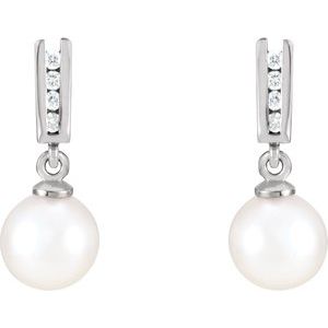 14K White Cultured White Akoya Pearl & 1/8 CTW Diamond Earrings