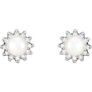 14K White Cultured White Akoya Pearl  & 1/3 CTW Natural Diamond Earrings