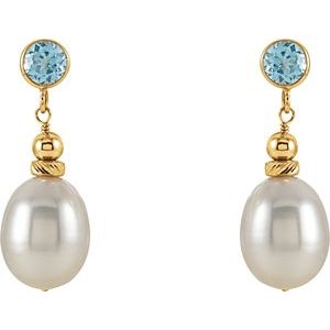 14K Yellow Cultured White Freshwater Pearl & Natural Swiss Blue Topaz Earrings