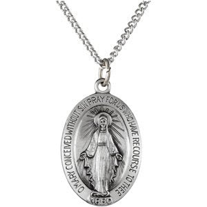 Sterling Silver 28.5x17.75 mm Oval Miraculous Medal 24" Necklace