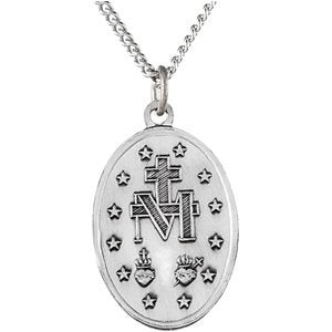 Sterling Silver 28.5x17.75 mm Oval Miraculous Medal 24" Necklace