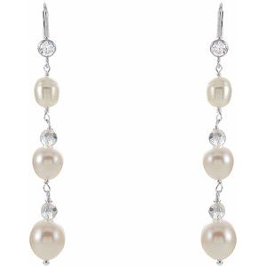 Sterling Silver Cultured White Freshwater Pearl & Crystal Earrings