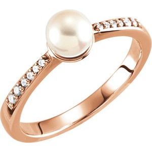 14K Rose Cultured White Freshwater Pearl & .06 CTW Natural Diamond Ring