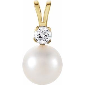 14K Yellow Cultured White Akoya Pearl & .025 CTW Natural Diamond Pendant