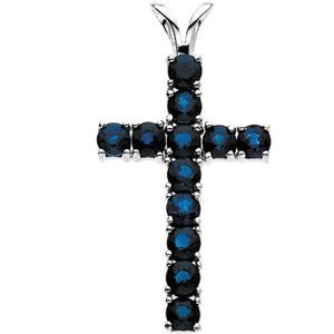 14K White Natural Blue Sapphire Cross Pendant