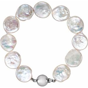 Sterling Silver 13-14 mm Cultured White Freshwater Pearl Coin  7 3/4" Bracelet