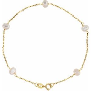 14K Yellow Cultured White Freshwater Pearl  5-Station 7" Bracelet