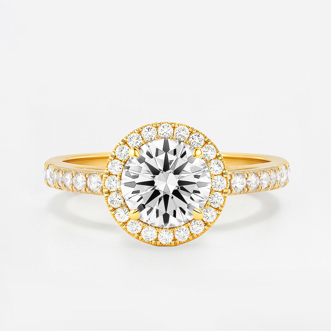 The Juliana Ring – Diamond Halo Solitaire with Pavé Shoulders