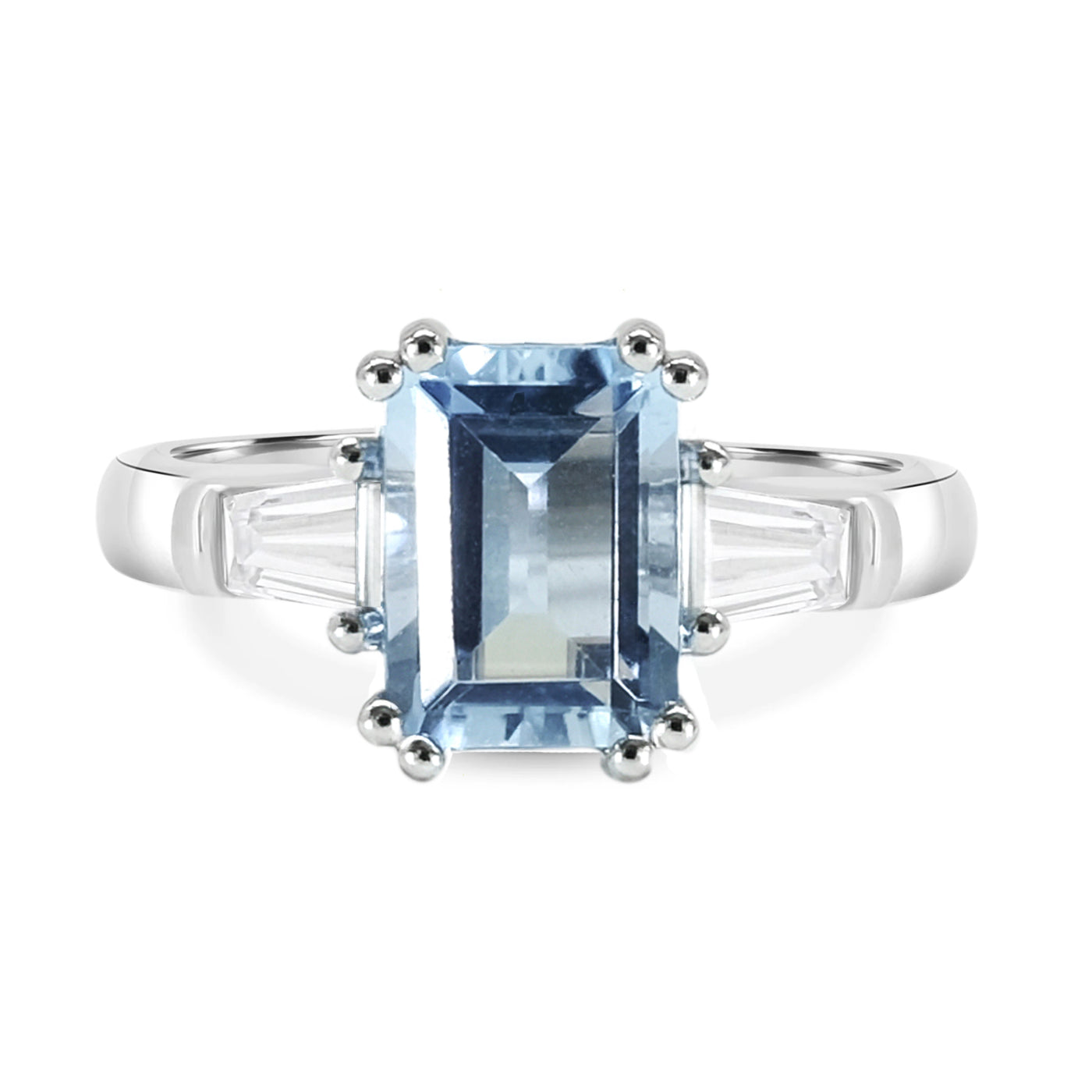 Platinum Emerald-Cut Aquamarine Three-Stone Ring with Tapered Baguette Lab Grown Diamond Sides