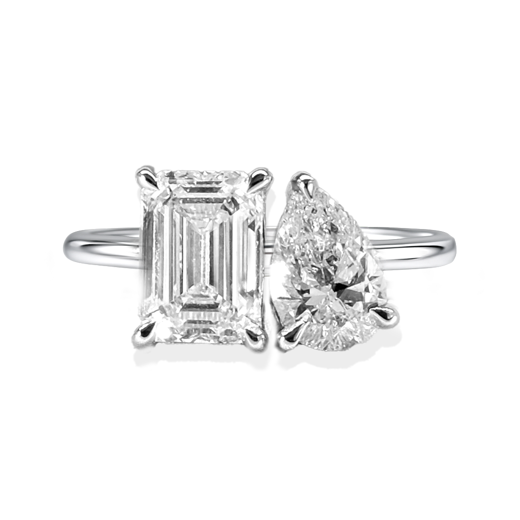Emerald &amp; Pear Cut Toi et Moi Ring with 2.20 Carat TW of Lab-Grown Diamonds in 18kt White Gold