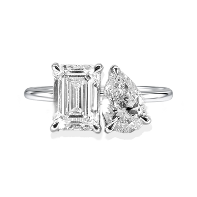 Emerald &amp; Pear Cut Toi et Moi Ring with 2.20 Carat TW of Lab-Grown Diamonds in 18kt White Gold