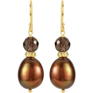 14K Yellow Cultured Chocolate Freshwater Pearl & Natural Smoky Quartz Earrings