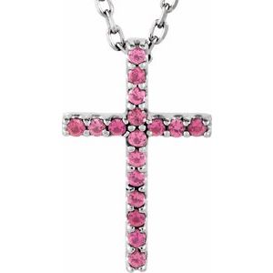 14K White Natural Pink Tourmaline Petite Cross 16" Necklace