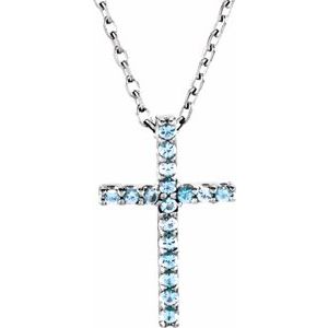 14K White Natural Aquamarine Petite Cross 16" Necklace