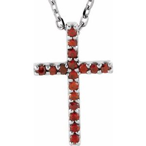 14K White Natural Mozambique Garnet Petite Cross 16" Necklace