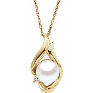 14K Yellow Cultured White Akoya Pearl & .025 CT Natural Diamond 18" Necklace