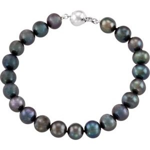 Sterling Silver Cultured Black Freshwater Pearl 7 3/4" Bracelet